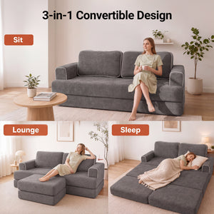 Claiks Folding Sofa Bed 180cm, 2 Seater Modular L-Shaped Chenille Sofa | 3-in-1 Convertible Design, Movable Ottoman, L-Shaped Modular Layout, Deep Seat, Small Space Solution
