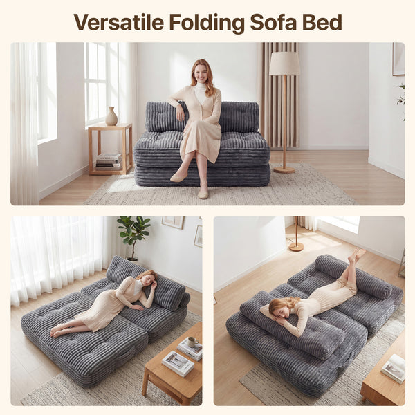 Claiks Chair Bed Single Sofa Bed with Pillow, Corduroy,  Soft corduroy fabric, ideal for guest rooms and small spaces, supportive shredded foam, folds into a comfy chair or bed
