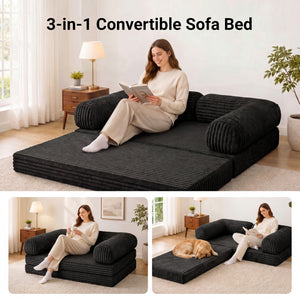 Claiks 3-in-1 Folding Double Sofa Bed 150cm Corduroy Foam | 25D high-density foam, removable washable cover, wide armrests, no assembly, ideal for small spaces and guests