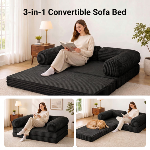 Claiks 3-in-1 Folding Double Sofa Bed 150cm Corduroy Foam | 25D high-density foam, removable washable cover, wide armrests, no assembly, ideal for small spaces and guests