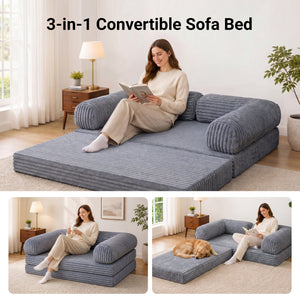 Claiks 3-in-1 Folding Double Sofa Bed 150cm Corduroy Foam | 25D high-density foam, removable washable cover, wide armrests, no assembly, ideal for small spaces and guests