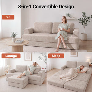 Claiks Folding Sofa Bed 180cm, 2 Seater Modular L-Shaped Chenille Sofa | 3-in-1 Convertible Design, Movable Ottoman, L-Shaped Modular Layout, Deep Seat, Small Space Solution