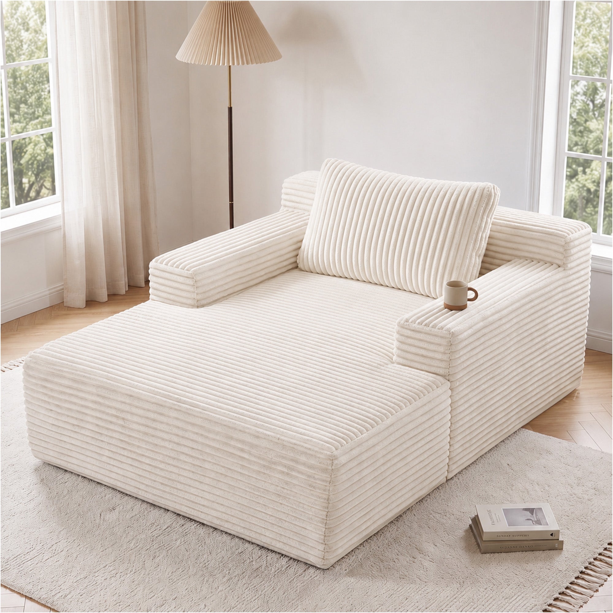 Claiks 63" Chaise Lounge Chair, Cloud Boneless Sofa, Beige | Oversized corduroy deep seat sleeper chair. reading chair. No assembly. Ideal for living room, bedroom, or apartment