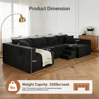 Claiks 128" Modular Sectional Sofa, Modern U-Shaped Cloud Couch with Double Chaise, Boneless Couch with 6 Pillows, Deep Seat Sofa for Living Room Bedroom, No Assembly Required, Black