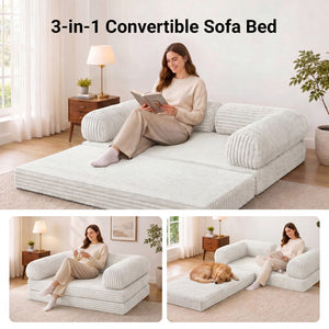 Claiks 3-in-1 Folding Double Sofa Bed 150cm Corduroy Foam | 25D high-density foam, removable washable cover, wide armrests, no assembly, ideal for small spaces and guests