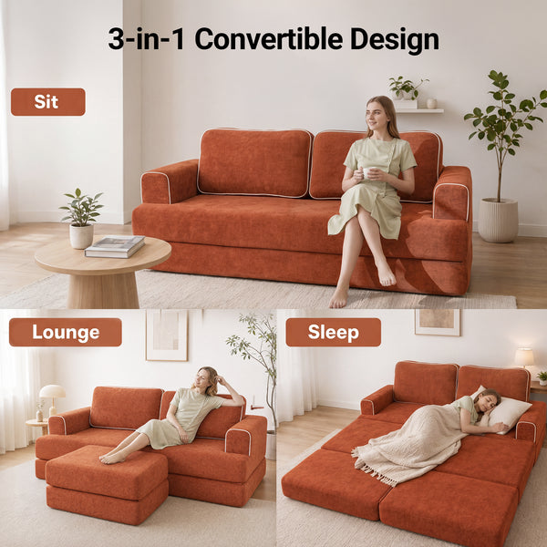 Claiks Folding Sofa Bed 180cm, 2 Seater Modular L-Shaped Chenille Sofa | 3-in-1 Convertible Design, Movable Ottoman, L-Shaped Modular Layout, Deep Seat, Small Space Solution