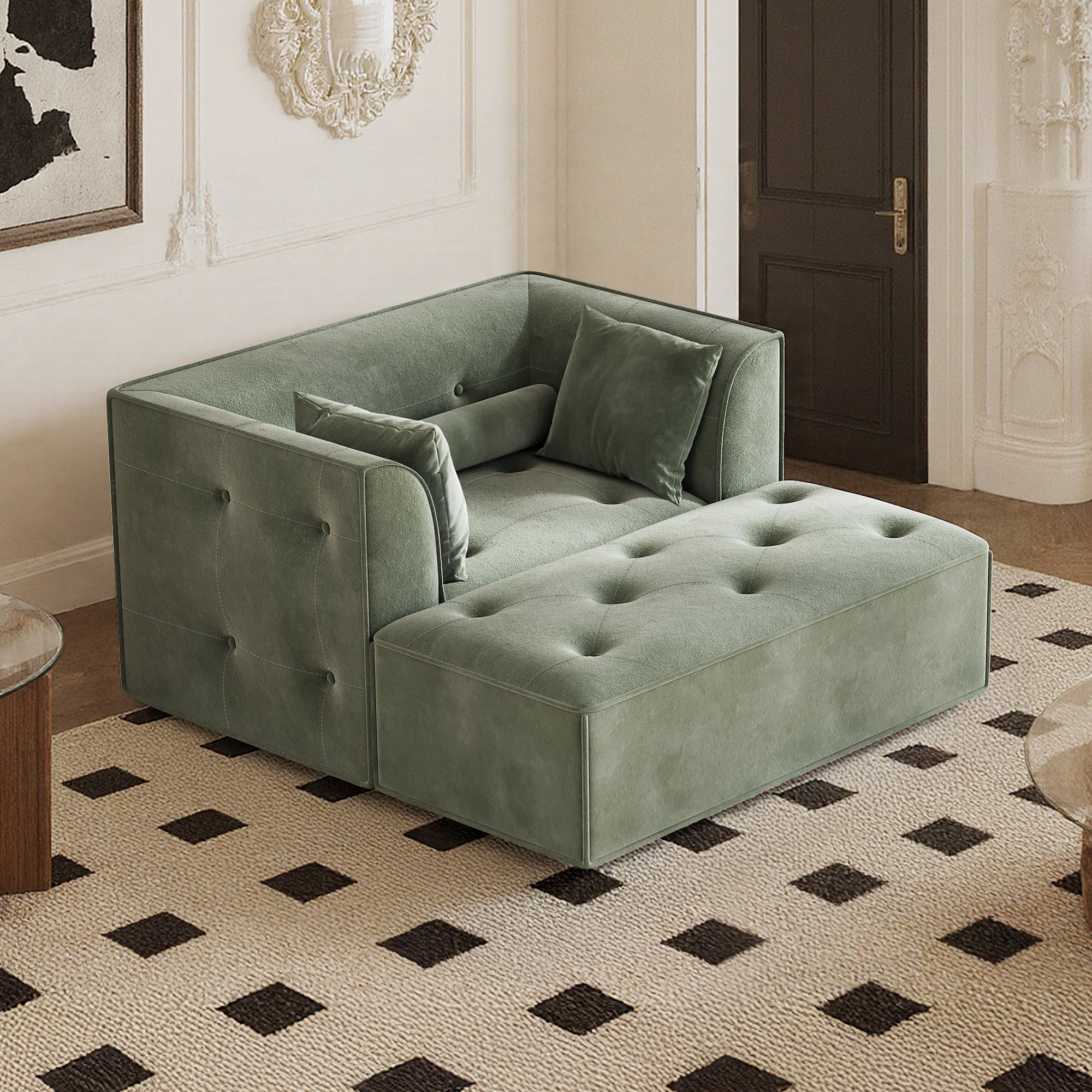 Claiks 62" Chaise Lounge Chair Indoor,Oversized Chaise Lounge for Living Room, Upholstered Boneless Chair Bed with Ottoman, Armrest and Pillows, Lounge Chair Indoor Cloud Couch, Green