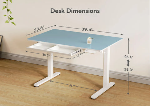 Morandi Blue Tempered Glass Height Adjustable Home Office Standing Desk With Drawers-W09-ML