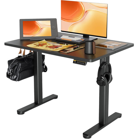 Claiks 电动站立式办公桌，可调节高度站立式办公桌，带拼接板的坐站式家庭办公桌，黑色框架/黑色顶部