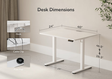 Claiks 电动站立式办公桌，可调节高度站立式办公桌，带拼接板的坐站式家庭办公桌，白色框架/白色桌面