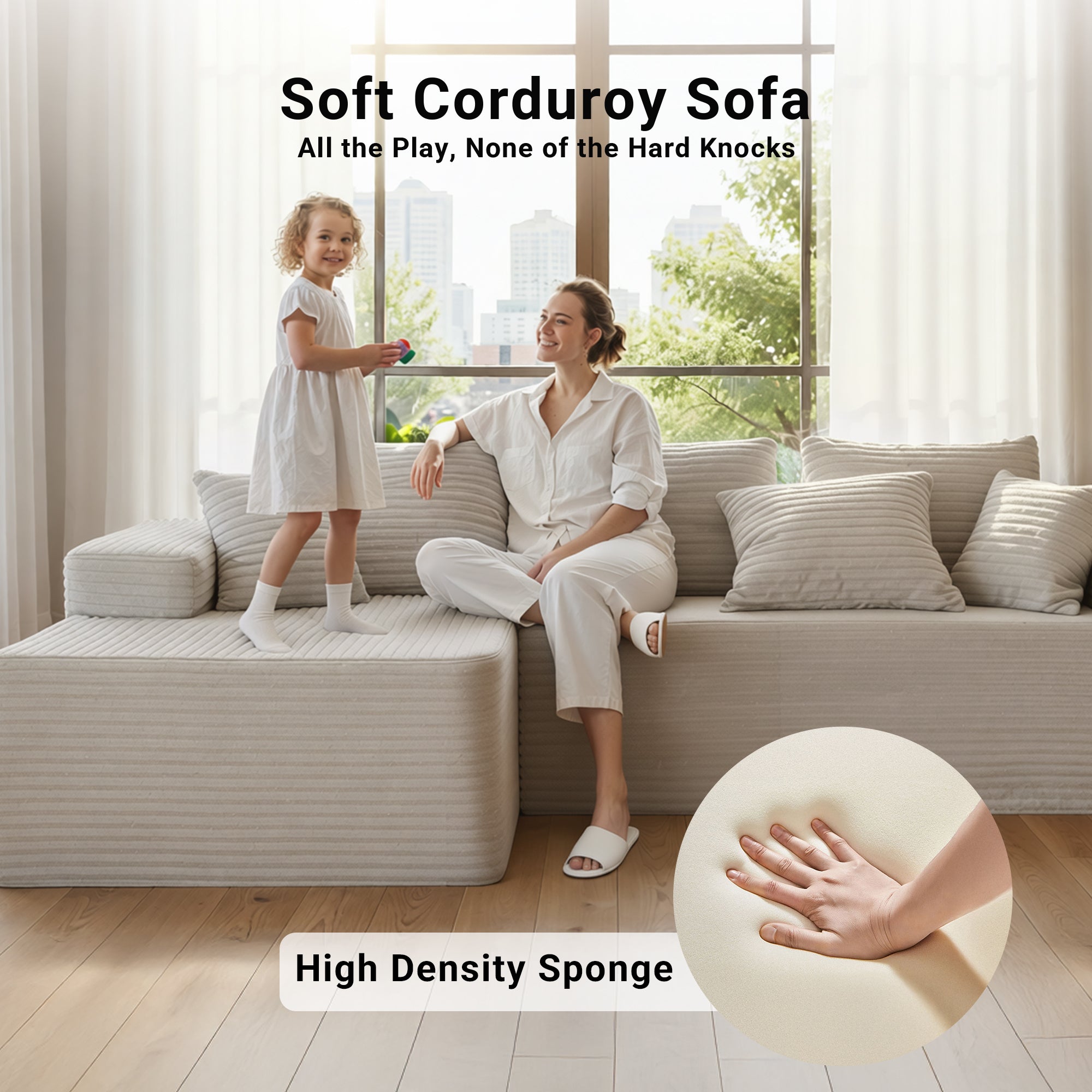 Claiks Boneless Couch, Cloud Couch Sectional, L-Shape Corduroy Modular Sectional Sofa Deep Seat, Upholstered Couches for Living Room, No Assembly Required, Black, Right Facing Chaise