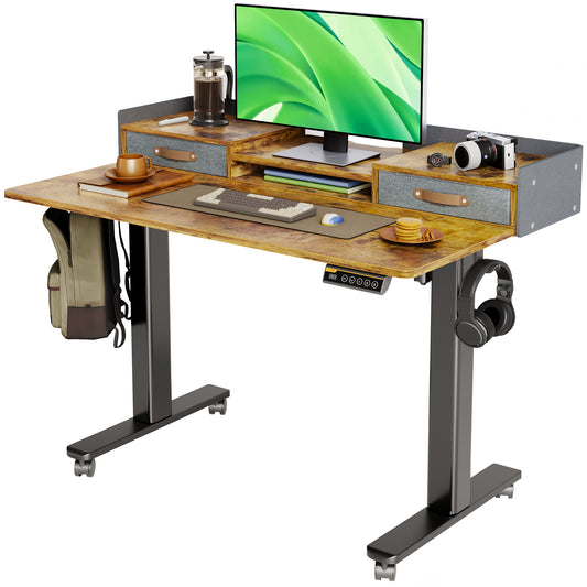 Claiks 带抽屉站立式办公桌，可调节高度的站立式电动站立式办公桌，带储物架和拼接板的坐立式办公桌，质朴棕色