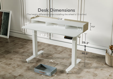 Claiks 带抽屉站立式办公桌，可调节高度的站立式电动站立式办公桌，带储物架和拼接板的坐立式办公桌，白色