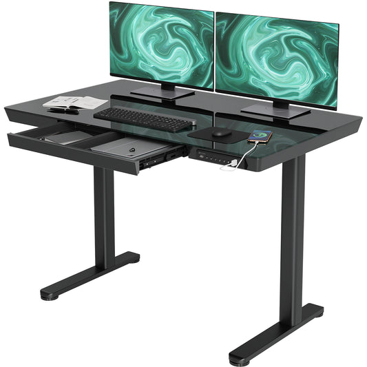 Claiks 玻璃站立式办公桌，带抽屉，48×24 英寸可调节站立式办公桌，快速安装家庭办公电脑桌，带 USB 端口，黑色