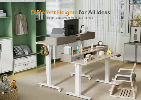 Claiks 站立式办公桌带抽屉，站立式电动站立式办公桌可调节高度，坐立式办公桌带储物架和拼接板，自然