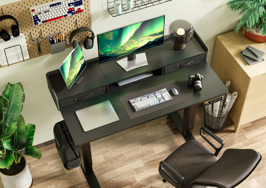 Claiks 站立式办公桌带抽屉，站立式电动站立式办公桌可调节高度，坐站式办公桌带储物架和拼接板，黑色