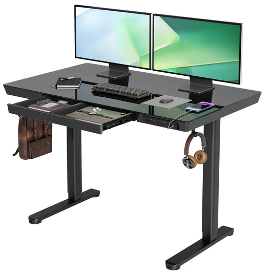 Black Electric USB Ports Adjustable Height Glass Standing Desk with Drawers -W13-HB