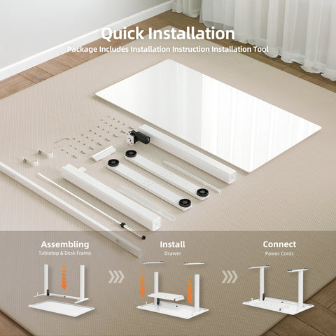 White Tempered Glass Height Adjustable Home Office Standing Desk With Drawers-W02-CB