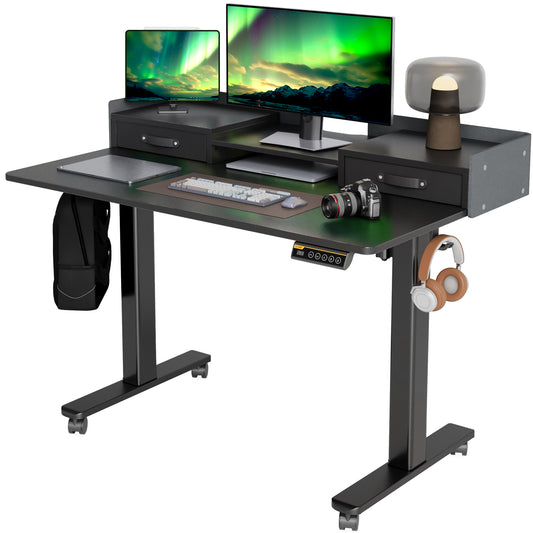 Claiks 站立式办公桌带抽屉，站立式电动站立式办公桌可调节高度，坐站式办公桌带储物架和拼接板，黑色