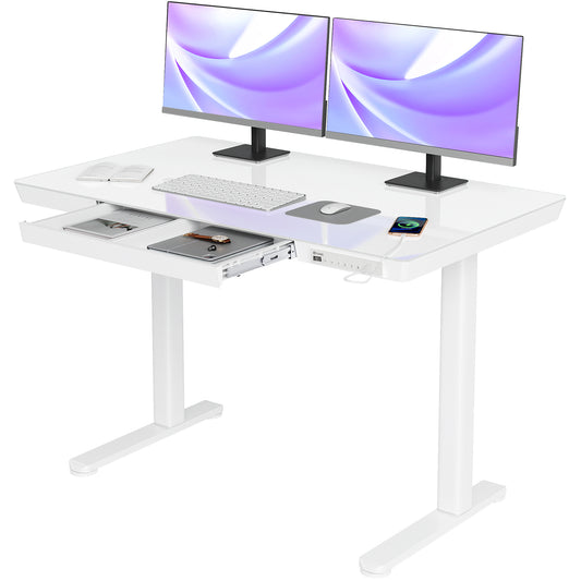 Claiks 玻璃站立式办公桌，带抽屉，48×24 英寸可调节站立式办公桌，快速安装家庭办公电脑桌，带 USB 端口，白色