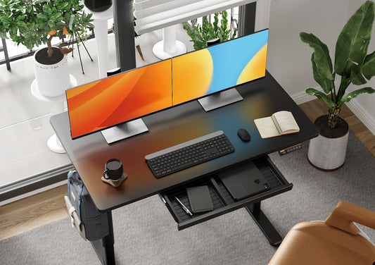 Claiks 站立式办公桌带抽屉，站立式电动站立式办公桌可调节高度，坐立式办公桌电脑工作站，黑色