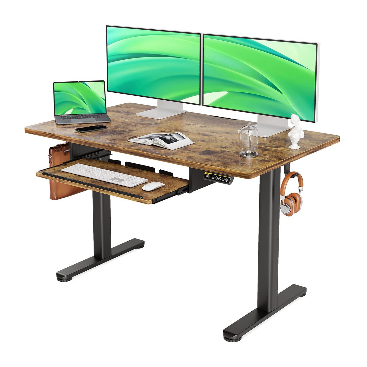 Claiks 站立式办公桌，带键盘托盘，站立式办公桌可调节高度，适合家庭办公室和电脑工作站的升降办公桌，质朴棕色