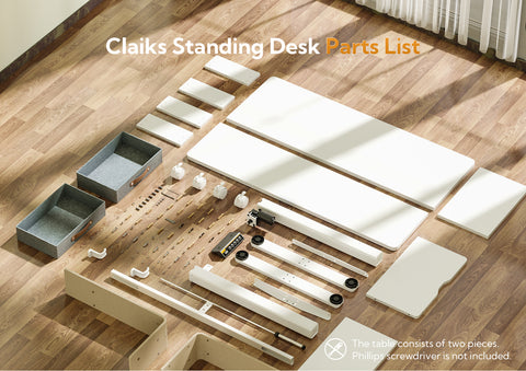 Claiks 带抽屉站立式办公桌，可调节高度的站立式电动站立式办公桌，带储物架和拼接板的坐立式办公桌，白色