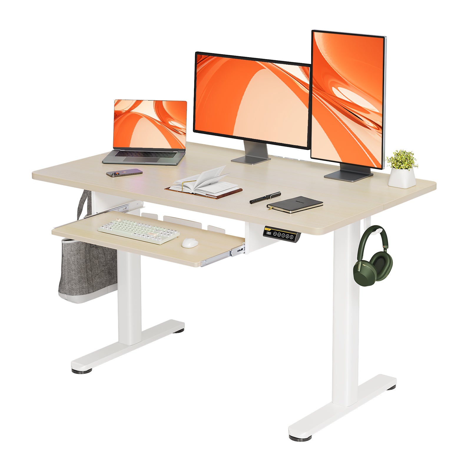 Claiks Standing Desk with Keyboard Tray, Electric Standing Desk Adjustable Height, 48x24 Inches Sit Stand up Desks with Splice Board, Raising Desks for Home Office, Natural