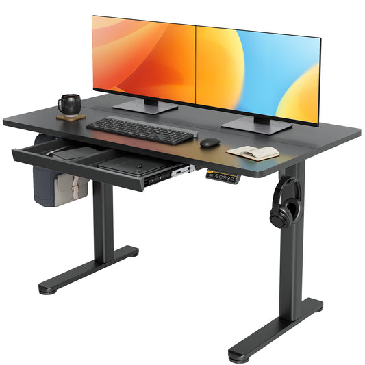 Claiks 站立式办公桌带抽屉，站立式电动站立式办公桌可调节高度，坐立式办公桌电脑工作站，黑色