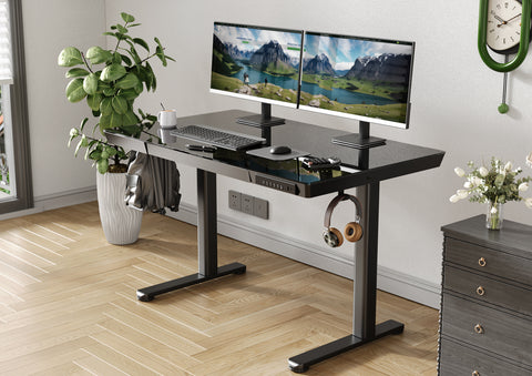 Black Electric USB Ports Adjustable Height Glass Standing Desk with Drawers -W13-HB