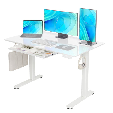 White Tempered Glass Height Adjustable Home Office Standing Desk With Drawers-W02-CB