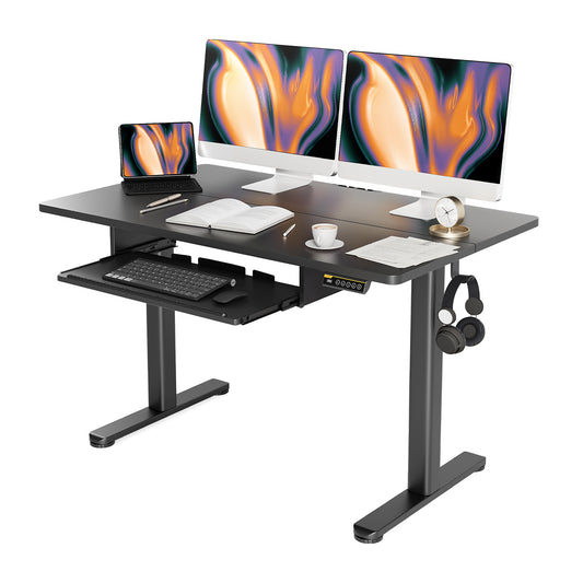 Claiks 站立式办公桌，带键盘托盘，站立式办公桌可调节高度，适用于家庭办公室和电脑工作站的升降办公桌，黑色