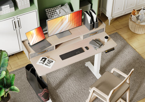 Claiks 站立式办公桌带抽屉，站立式电动站立式办公桌可调节高度，坐立式办公桌带储物架和拼接板，自然