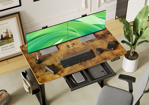 Claiks 站立式办公桌带抽屉，站立式电动站立式办公桌可调节高度，坐立式办公桌电脑工作站，质朴棕色