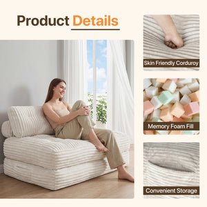 Claiks Chair Bed Single Sofa Bed with Pillow, Corduroy,  Soft corduroy fabric, ideal for guest rooms and small spaces, supportive shredded foam, folds into a comfy chair or bed