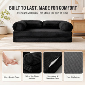 Claiks 3-in-1 Folding Double Sofa Bed 150cm Corduroy Foam | 25D high-density foam, removable washable cover, wide armrests, no assembly, ideal for small spaces and guests