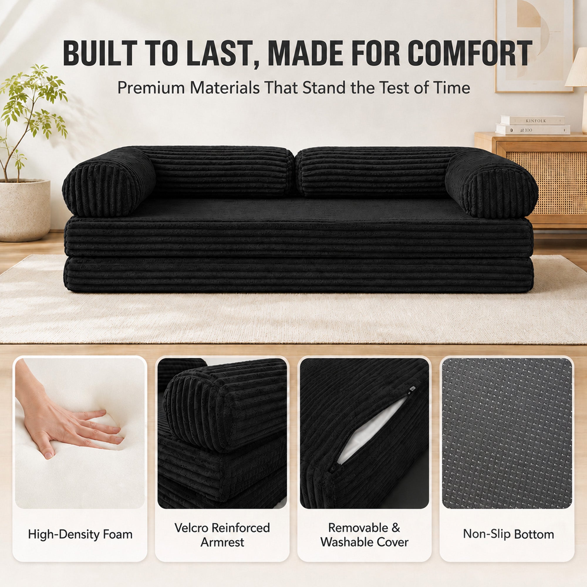 Claiks 75" Convertible Sofa Bed, Corduroy Futon Couch Pull Out Bed, No Assembly Boneless Couches for Living Room Bedroom Apartment, Black