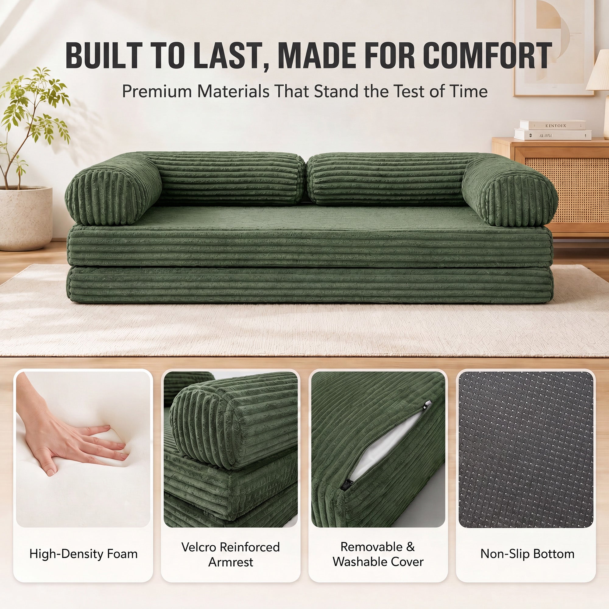 Claiks 75" Convertible Sofa Bed, Corduroy Futon Couch Pull Out Bed, No Assembly Boneless Couches for Living Room Bedroom Apartment, Black