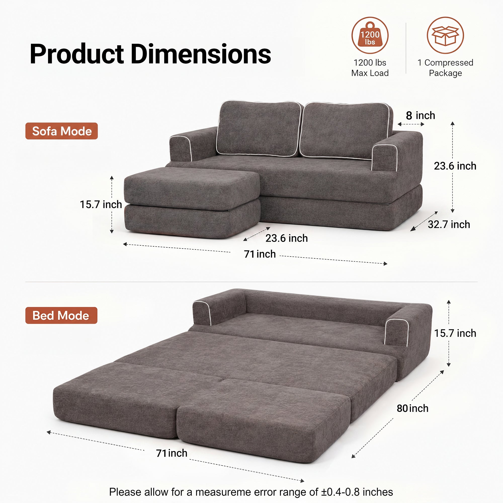 Claiks Futon Sofa Bed, Boneless L-Shaped Floor Couch with Ottoman, Darkgrey | Sleeper Sofa Bed with Movable Ottoman and 2 Pillows, Sectional Love Seat Couches for Living Room, No Assembly