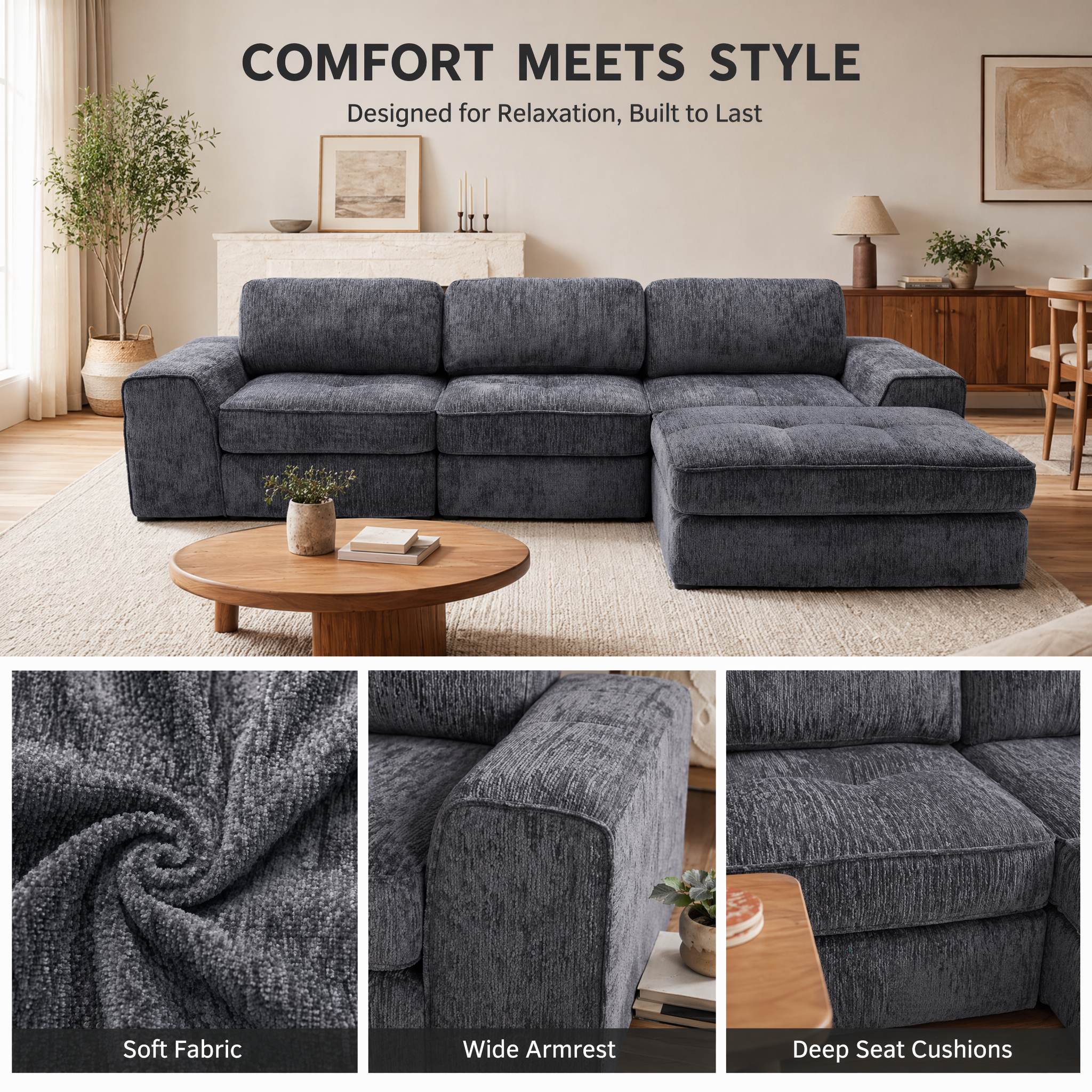 Claiks Boneless Cloud Couch Sectional Sofa, L Shaped Couch, Dark Grey | 123" oversized , wide arm, 3 Seater with Ottoman Modular Sofa, deep seat, Couches for living room, home sofa