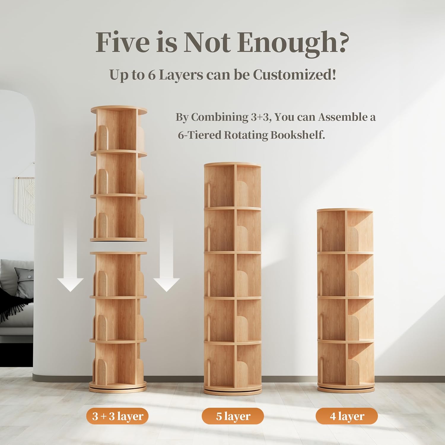 60° Spinning Bookcase Tower, Space-Saving Vertical Book Storage Organizer with Sturdy Construction for Home & Office, Nature
