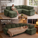 Claiks 118" Sectional Sleeper Sofa with Pull Out Bed U Shaped 7 Seat Sectional Couches for Living Room with Hidden Storage Skin Friendly Breathable Corduroy Fabric Sofa Bed for Apartment Office, Green