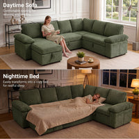 Claiks 118" Sectional Sleeper Sofa with Pull Out Bed U Shaped 7 Seat Sectional Couches for Living Room with Hidden Storage Skin Friendly Breathable Corduroy Fabric Sofa Bed for Apartment Office, Green