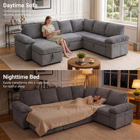 Claiks 118" Sectional Sleeper Sofa with Pull Out Bed U Shaped 7 Seat Sectional Couches for Living Room with Hidden Storage Skin Friendly Breathable Corduroy Fabric Sofa Bed for Apartment Office, Green