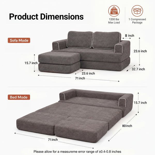Claiks Folding Sofa Bed 180cm, 2 Seater Modular L-Shaped Chenille Sofa | 3-in-1 Convertible Design, Movable Ottoman, L-Shaped Modular Layout, Deep Seat, Small Space Solution