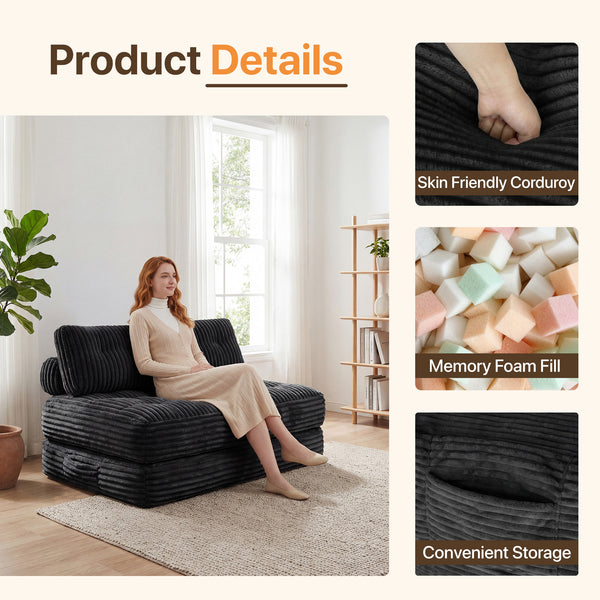 Claiks Chair Bed Single Sofa Bed with Pillow, Corduroy,  Soft corduroy fabric, ideal for guest rooms and small spaces, supportive shredded foam, folds into a comfy chair or bed