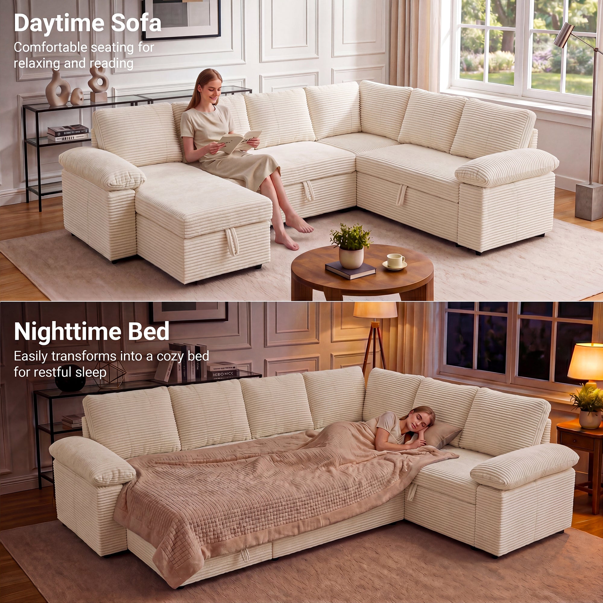 Claiks 118" Sectional Sleeper Sofa with Pull Out Bed U Shaped 7 Seat Sectional Couches for Living Room with Hidden Storage Skin Friendly Breathable Corduroy Fabric Sofa Bed for Apartment Office, Green