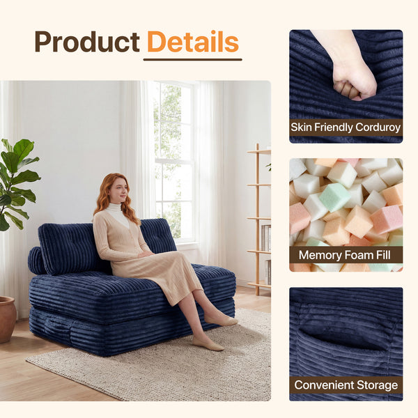 Claiks Chair Bed Single Sofa Bed with Pillow, Corduroy,  Soft corduroy fabric, ideal for guest rooms and small spaces, supportive shredded foam, folds into a comfy chair or bed