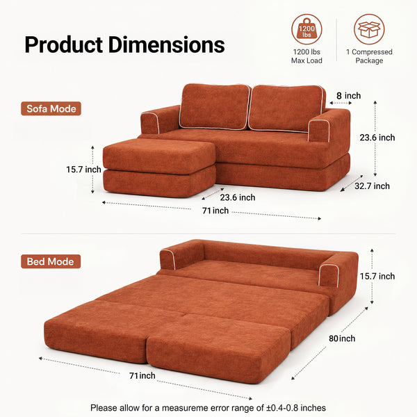 Claiks Folding Sofa Bed 180cm, 2 Seater Modular L-Shaped Chenille Sofa | 3-in-1 Convertible Design, Movable Ottoman, L-Shaped Modular Layout, Deep Seat, Small Space Solution