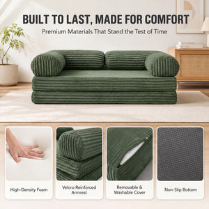 Claiks 3-in-1 Folding Double Sofa Bed 150cm Corduroy Foam | 25D high-density foam, removable washable cover, wide armrests, no assembly, ideal for small spaces and guests